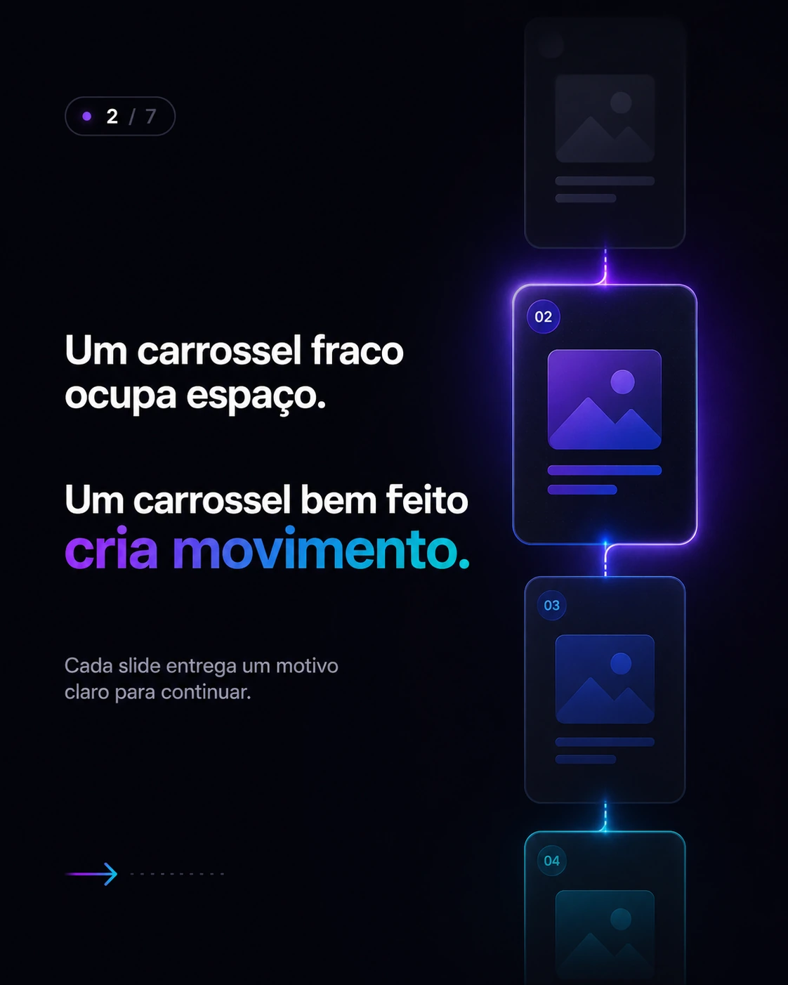 Slide 2 do carrossel Viralyn: um carrossel bem feito cria movimento.