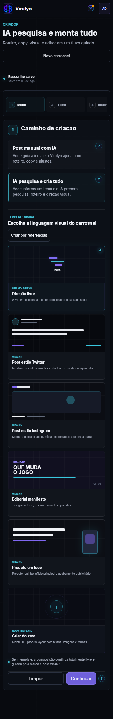 Interface real do Criador Viralyn percorrendo verticalmente o fluxo de criação e os templates visuais