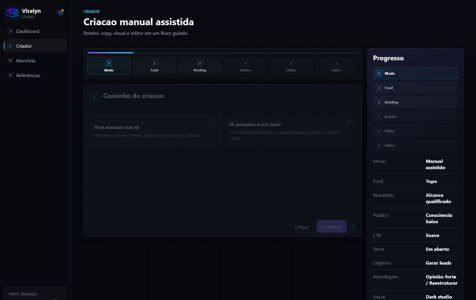 Interface real do Criador Viralyn com Modo, Funil, Briefing, Roteiro, Slides e Editor